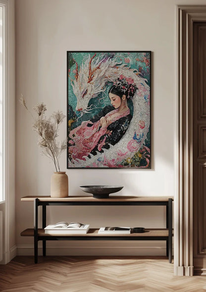 Japanese Woman With White Dragon Floral Kimono Painting