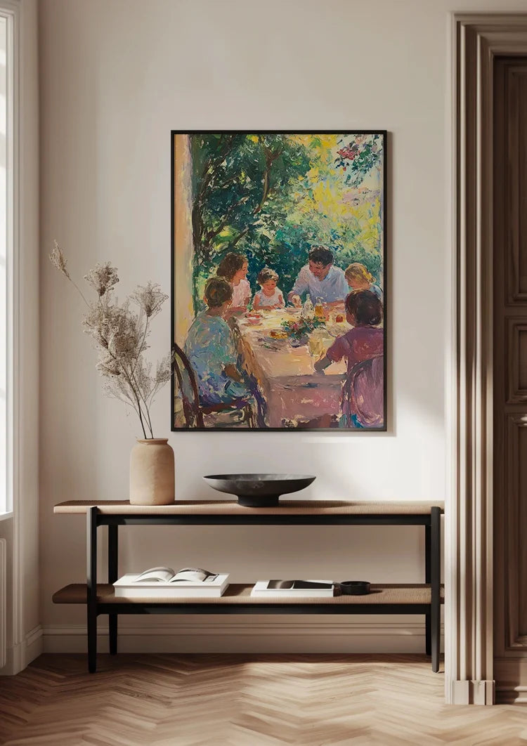 Familie Diner Buiten In Zonlicht Impressionistisch Schilderij