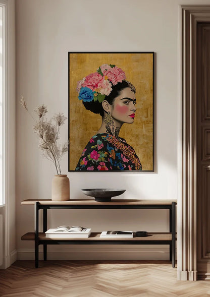 Woman Portrait Side Profile With Colorful Flowers Golden Background Painting