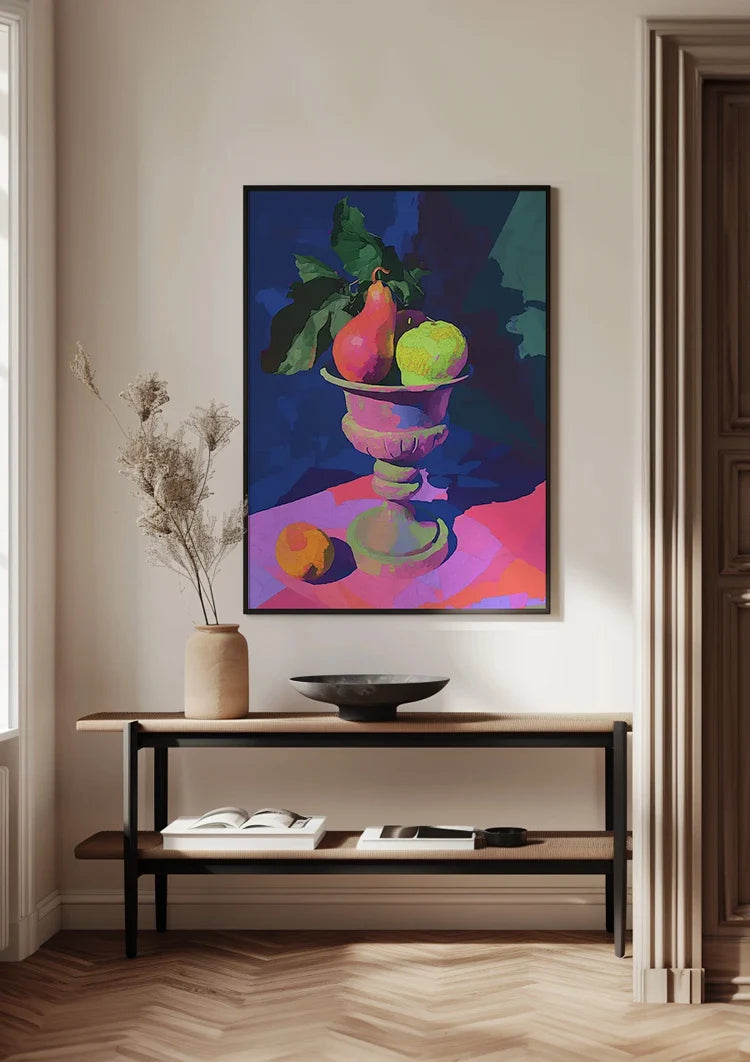 Neon Still Life with Pear and Apple in Classic Vase Painting