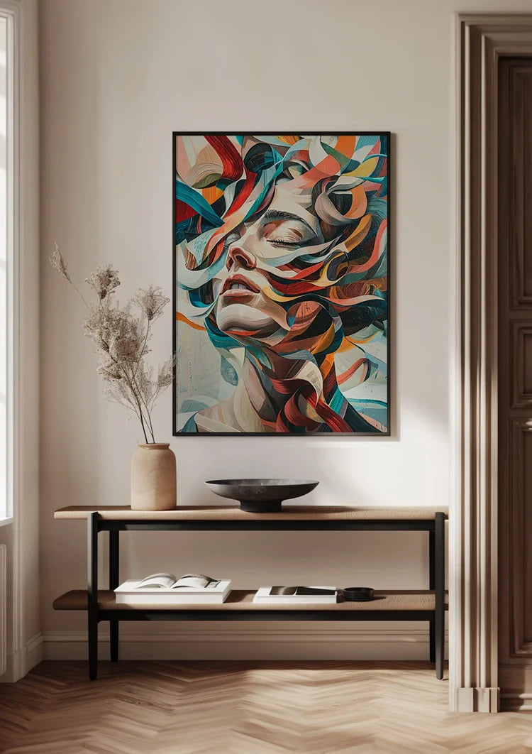 Abstraktes Frauenporträt mit bunten Strömungen Expressionistisches Gemälde