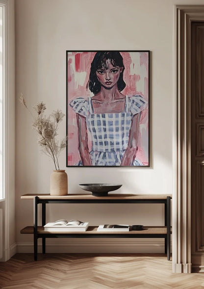 Girl in Blue Plaid Dress Pink Background Portrait Painting