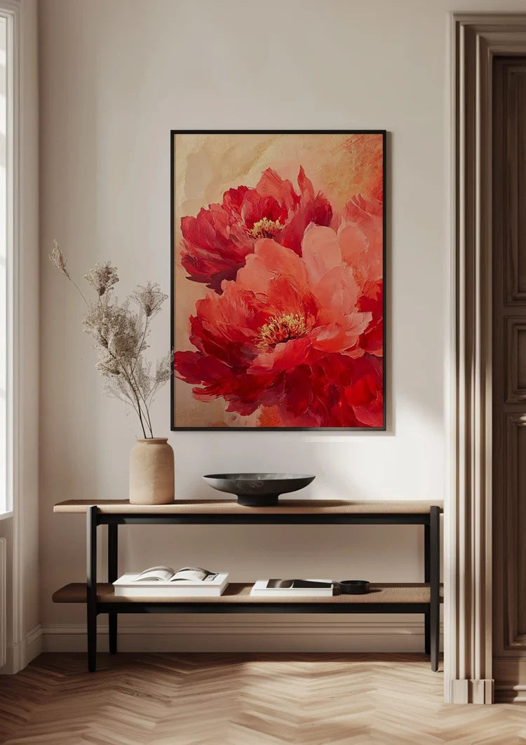 Red Peonies Warm Gold Background Floral Painting