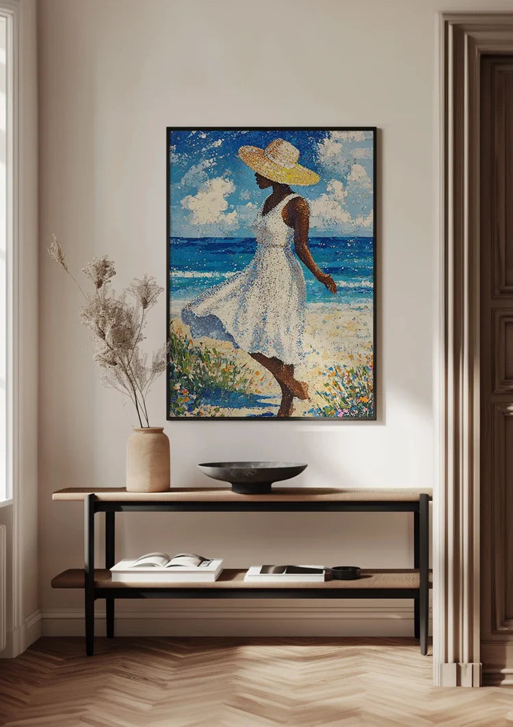 Woman White Dress Straw Hat Beach Blue Sea Abstract Painting