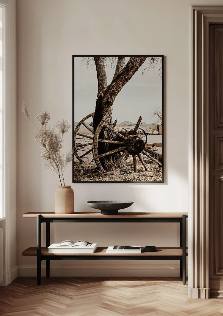 Old Wooden Wagon Wheel Tree Desert Vintage Rustic Painting