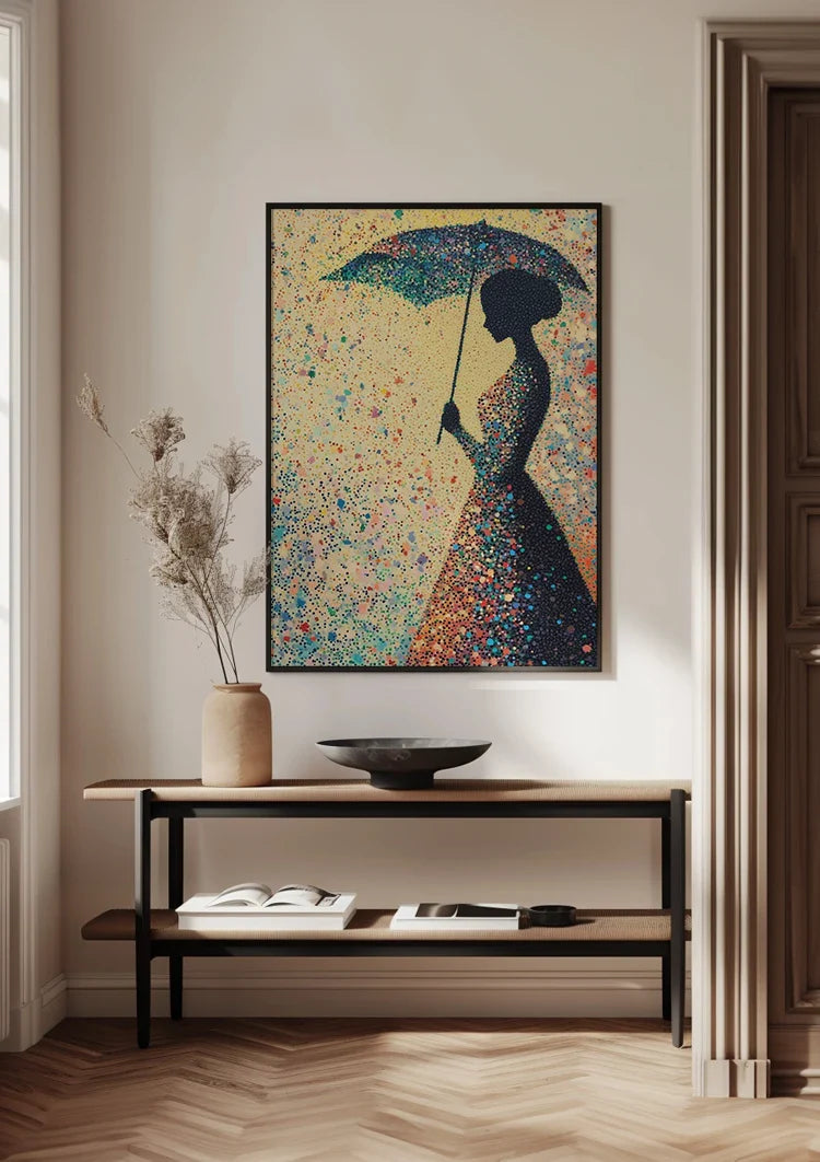 Woman with Umbrella Colorful Raindrops Silhouette Painting