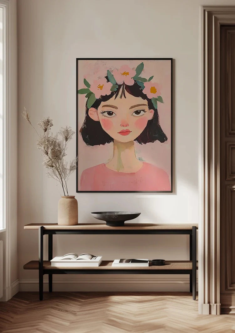 Girl with Flowers in Her Hair Pink Background Portrait Painting