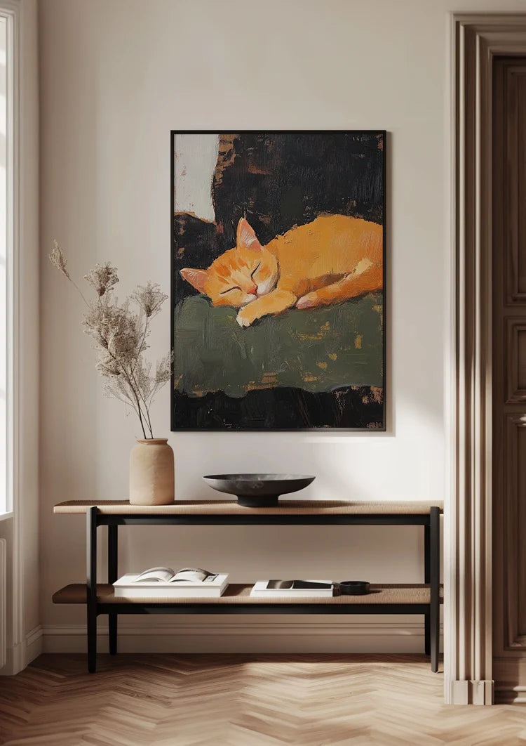 Schlafende orange Katze Dunkler Hintergrund Expressives Gemälde