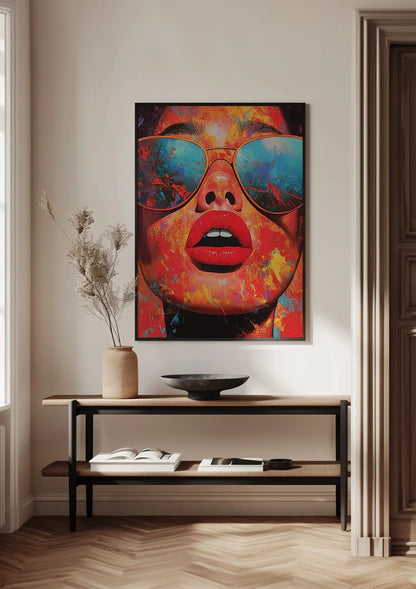 Woman Sunglasses Red Lips Colorful Paint Surreal Pop Art Painting