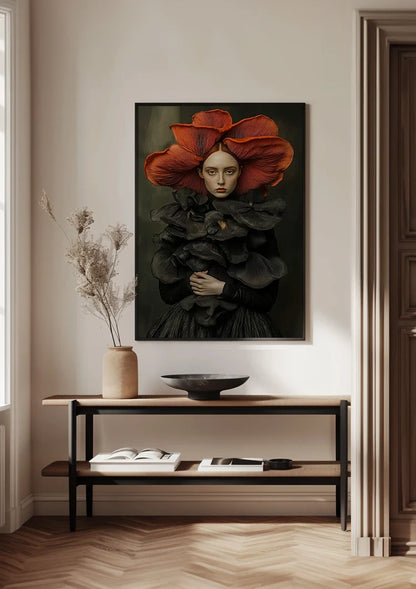 Woman Big Red Flower Hat Black Dress Surreal Portrait Painting