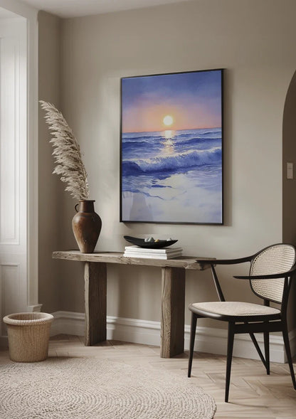 Aquarell Strand mit Wellen bei Sonnenuntergang Zarte Pastelltöne Gemälde