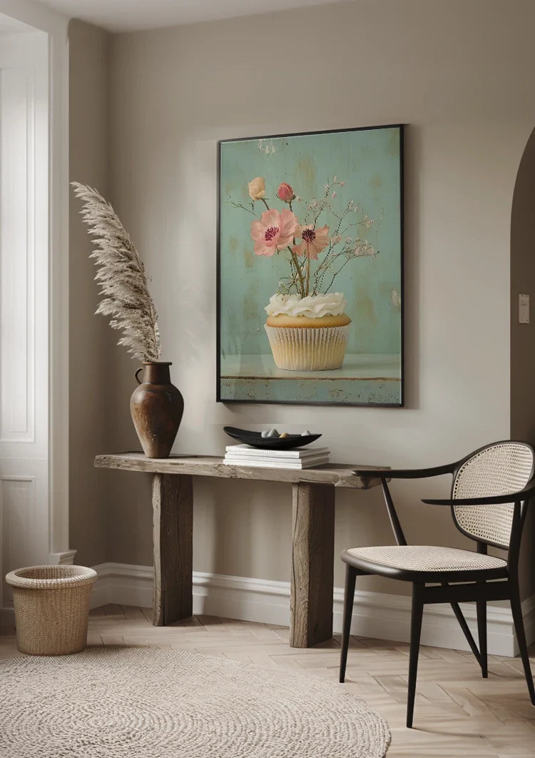 Cupcake Met Roze Bloemen Mint Achtergrond Romantisch Pastel Schilderij