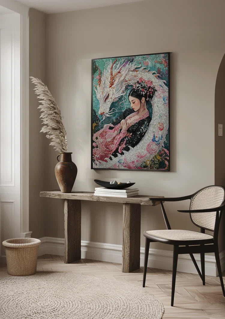 Japanese Woman With White Dragon Floral Kimono Painting