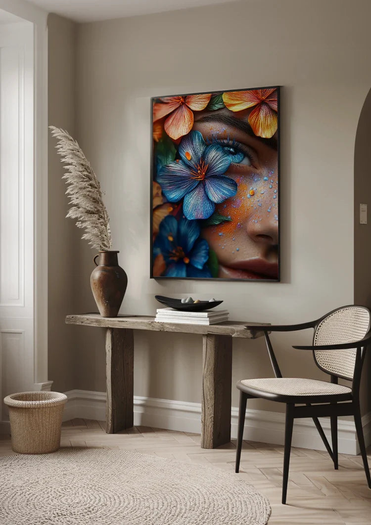 Exotic Female Portrait with Colorful Tropical Flowers Painting