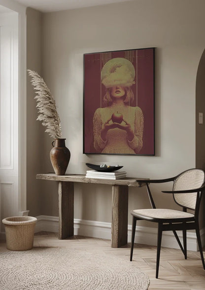 Surrealist Female Portrait With Cloud And Red Apple Vintage Painting