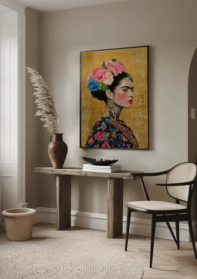 Woman Portrait Side Profile With Colorful Flowers Golden Background Painting