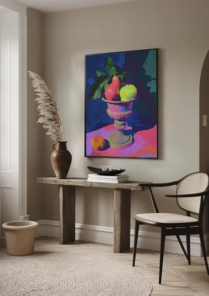 Neon Still Life with Pear and Apple in Classic Vase Painting