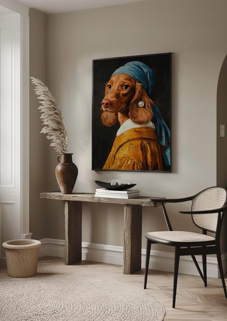 Hund mit Perle im Vermeer-Stil Blaues Kopftuch Lustiges Porträtgemälde