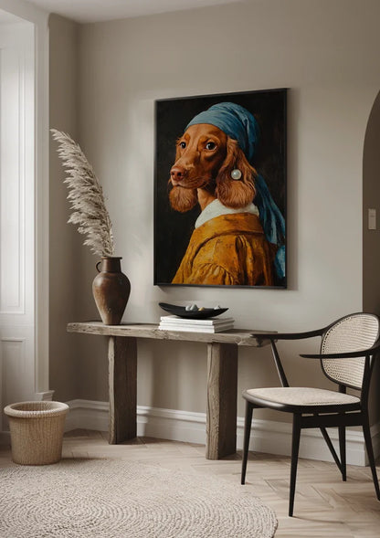Hund mit Perle im Vermeer-Stil Blaues Kopftuch Lustiges Porträtgemälde