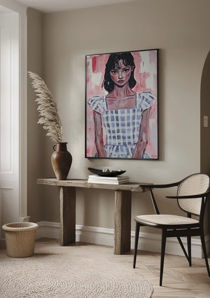 Girl in Blue Plaid Dress Pink Background Portrait Painting