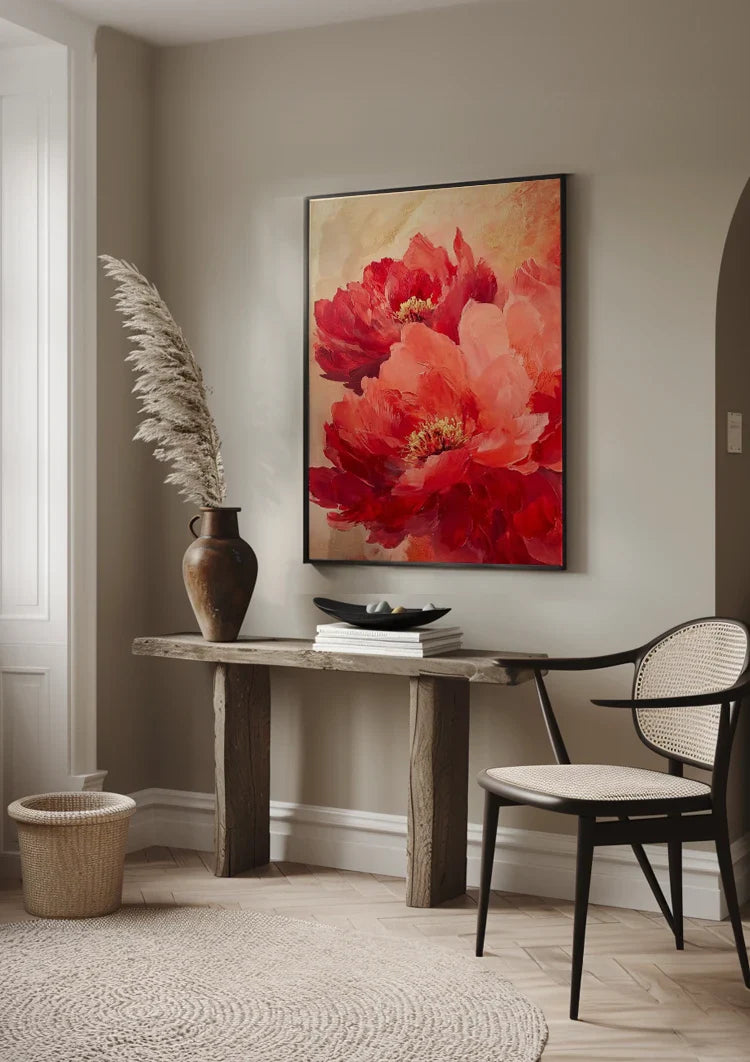 Red Peonies Warm Gold Background Floral Painting