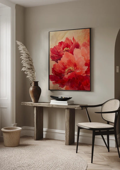 Red Peonies Warm Gold Background Floral Painting