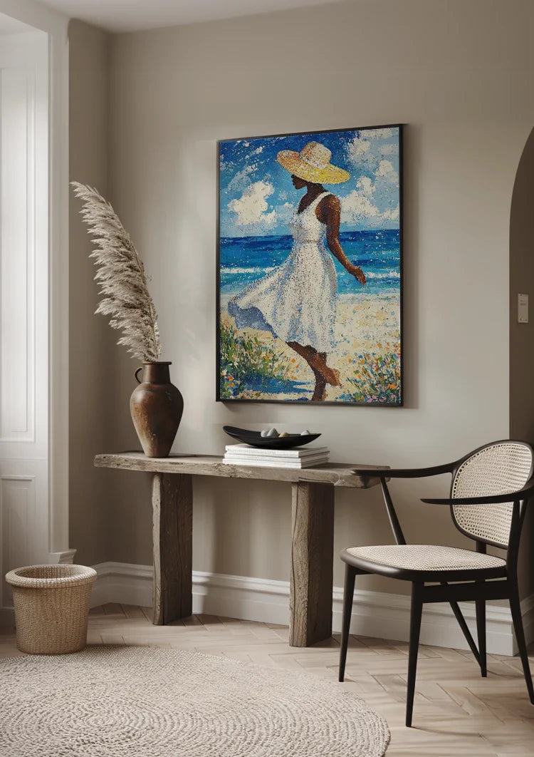 Woman White Dress Straw Hat Beach Blue Sea Abstract Painting