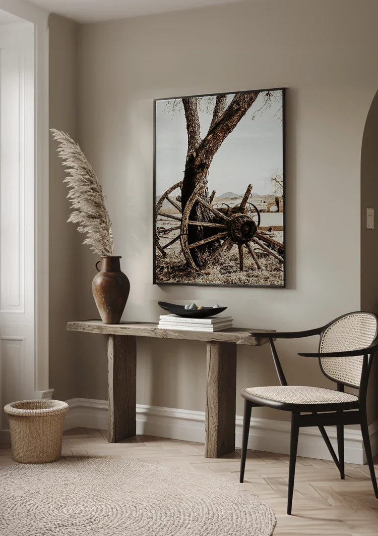 Old Wooden Wagon Wheel Tree Desert Vintage Rustic Painting