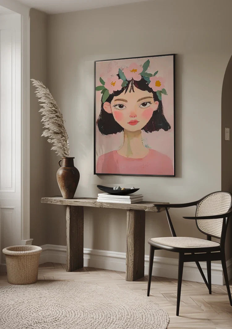 Girl with Flowers in Her Hair Pink Background Portrait Painting