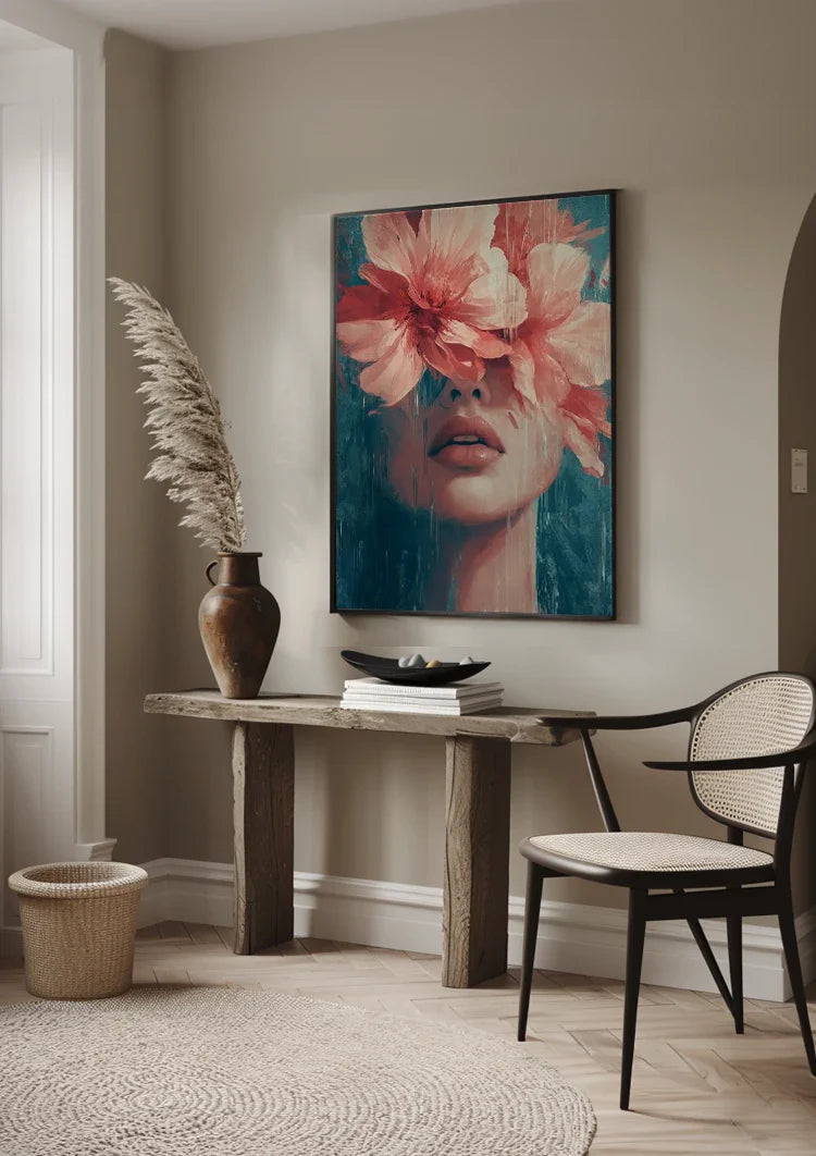 Woman with Pink Flowers Turquoise Background Portrait Painting