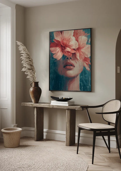 Woman with Pink Flowers Turquoise Background Portrait Painting