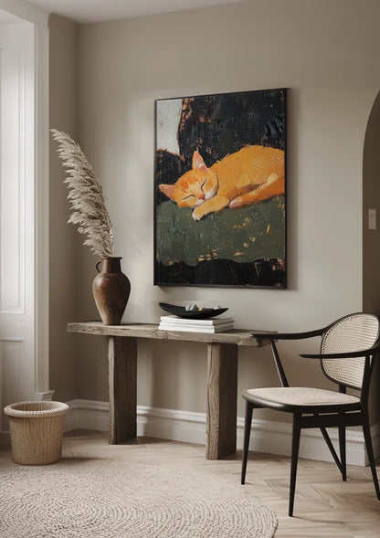 Schlafende orange Katze Dunkler Hintergrund Expressives Gemälde