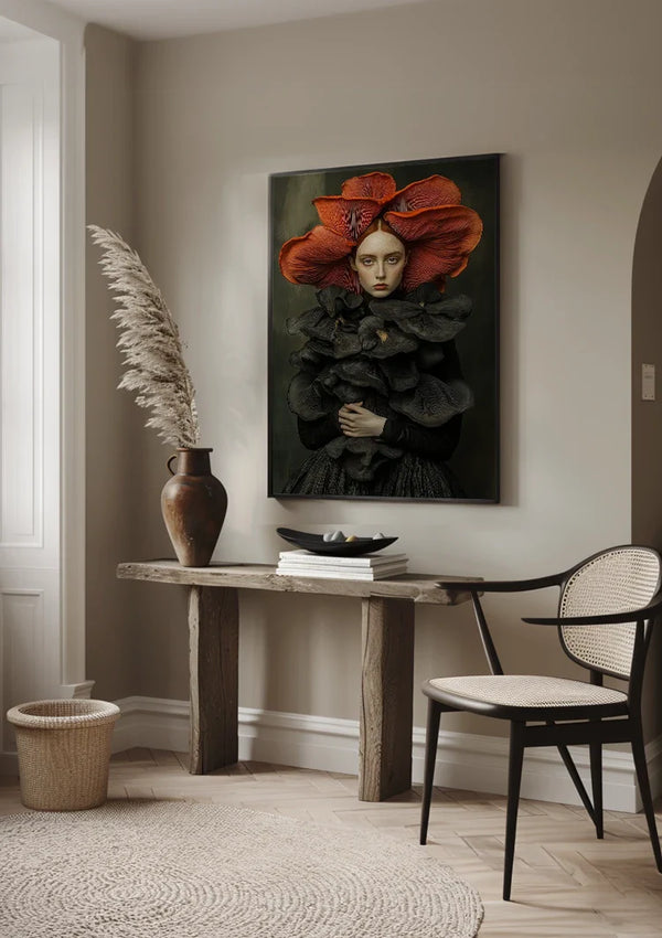 Woman Big Red Flower Hat Black Dress Surreal Portrait Painting