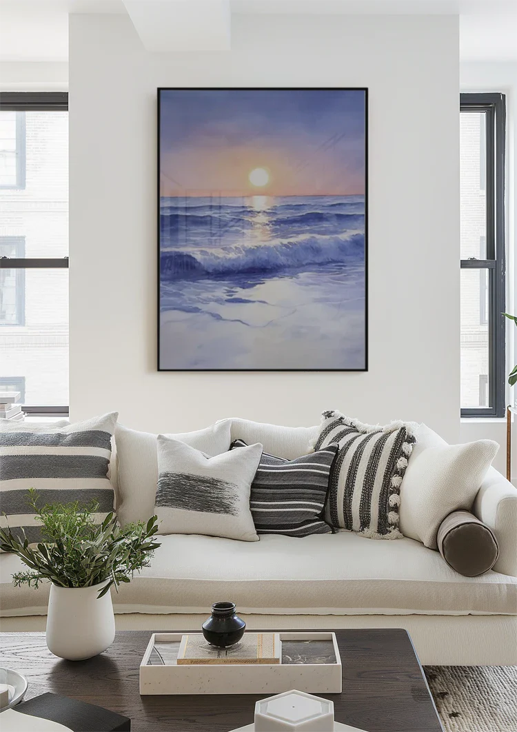 Aquarell Strand mit Wellen bei Sonnenuntergang Zarte Pastelltöne Gemälde