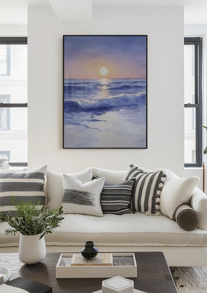 Aquarell Strand mit Wellen bei Sonnenuntergang Zarte Pastelltöne Gemälde