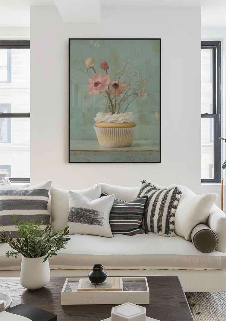 Cupcake Met Roze Bloemen Mint Achtergrond Romantisch Pastel Schilderij