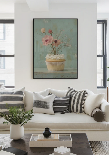 Cupcake Met Roze Bloemen Mint Achtergrond Romantisch Pastel Schilderij