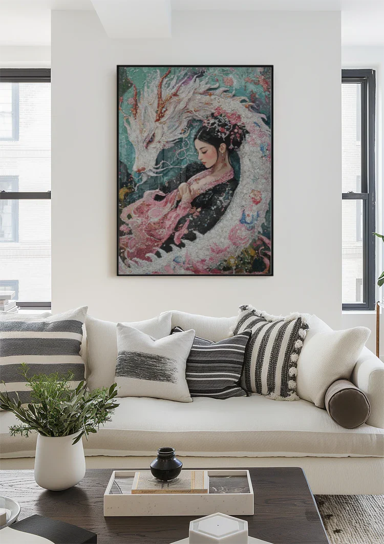 Japanese Woman With White Dragon Floral Kimono Painting