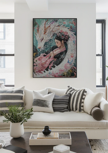 Japanese Woman With White Dragon Floral Kimono Painting