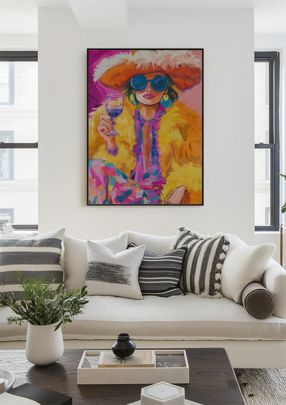 Extravagante Frau Federhut Sonnenbrille Gelber Pelzmantel Weinglas Buntes Gemälde