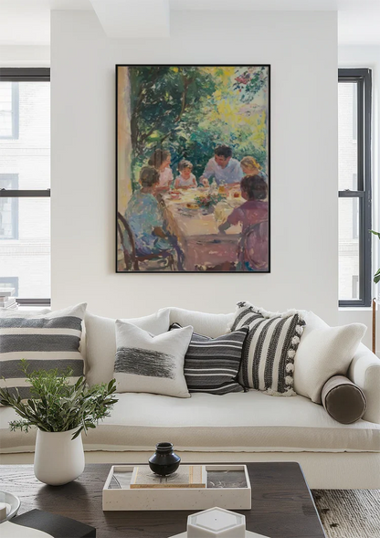 Familie Diner Buiten In Zonlicht Impressionistisch Schilderij