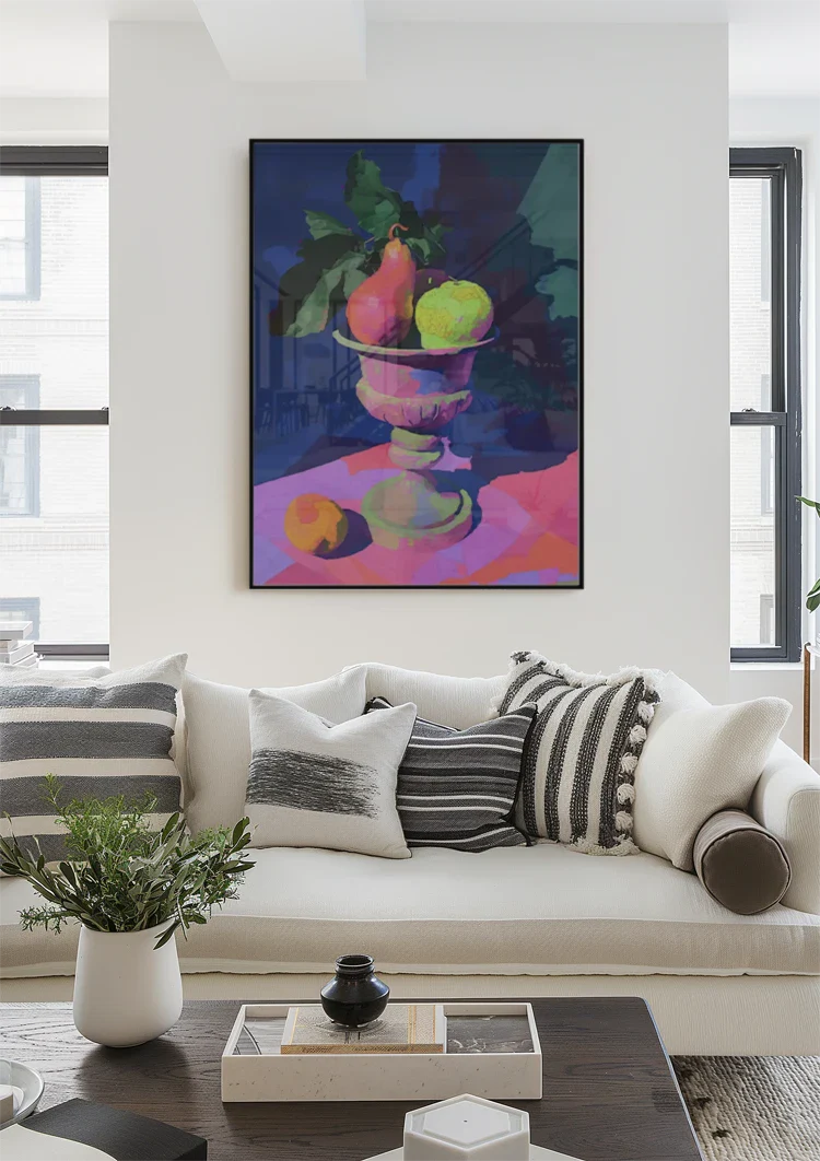 Neon Still Life with Pear and Apple in Classic Vase Painting