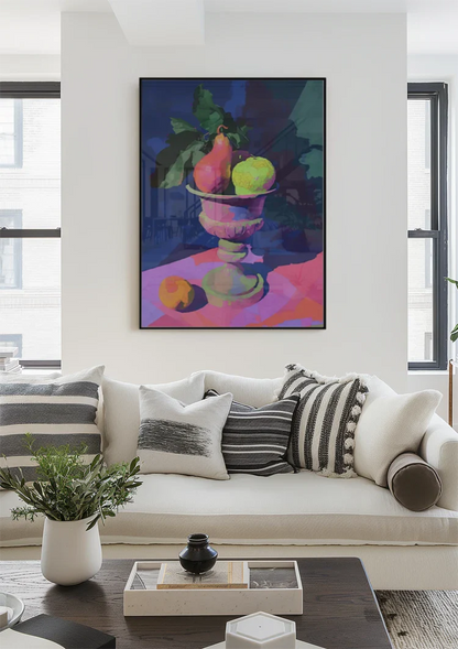 Neon Still Life with Pear and Apple in Classic Vase Painting