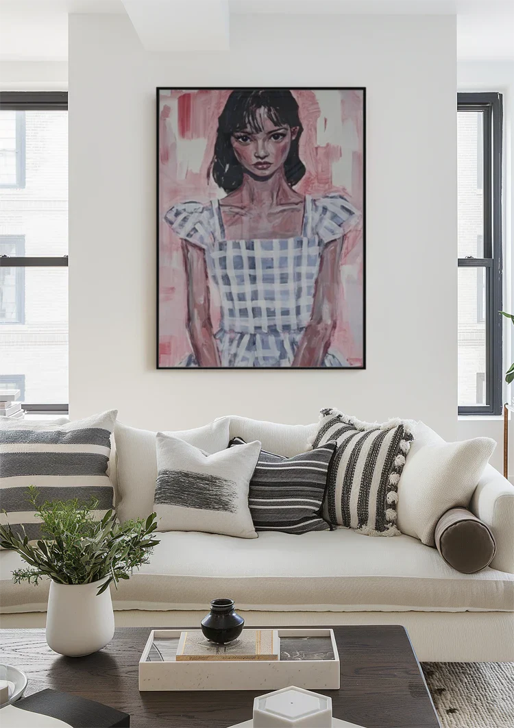 Girl in Blue Plaid Dress Pink Background Portrait Painting