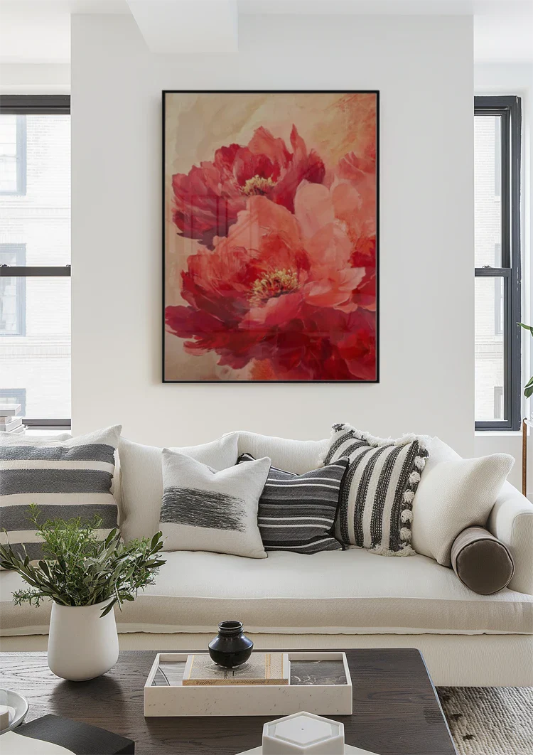 Red Peonies Warm Gold Background Floral Painting