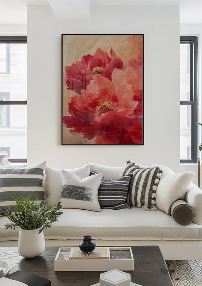 Red Peonies Warm Gold Background Floral Painting