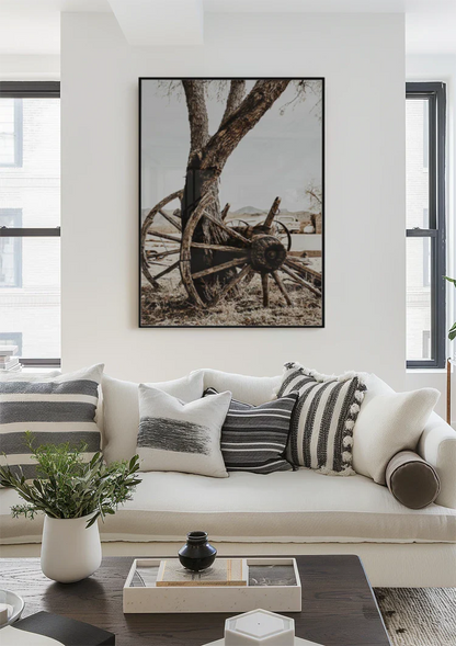 Old Wooden Wagon Wheel Tree Desert Vintage Rustic Painting