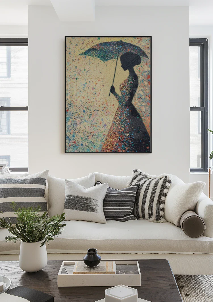 Woman with Umbrella Colorful Raindrops Silhouette Painting