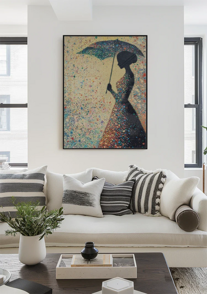 Woman with Umbrella Colorful Raindrops Silhouette Painting