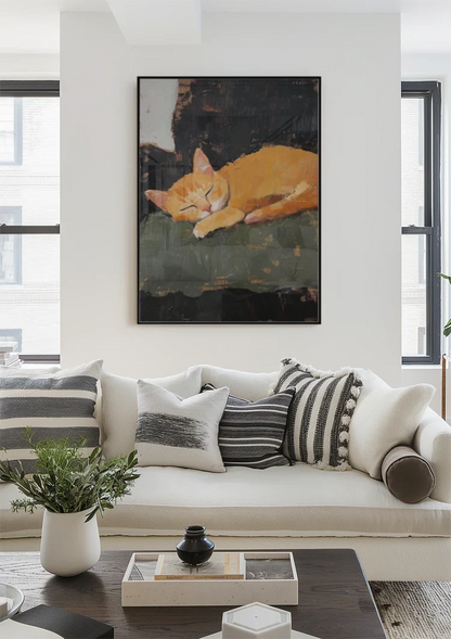 Schlafende orange Katze Dunkler Hintergrund Expressives Gemälde
